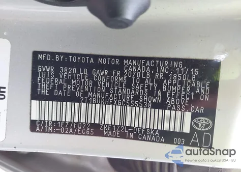 2016 Toyota Corolla S Plus из США, поврежденный, VIN 2T1BURHEXGC555538